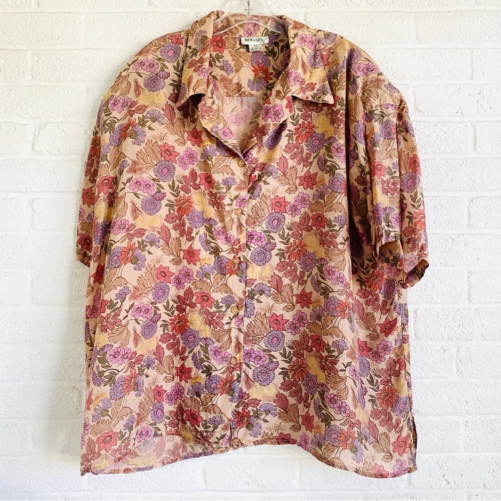 Bogari Floral Print Silk Button down Blouse Size 2X Pink Purple Camp Shirt Top